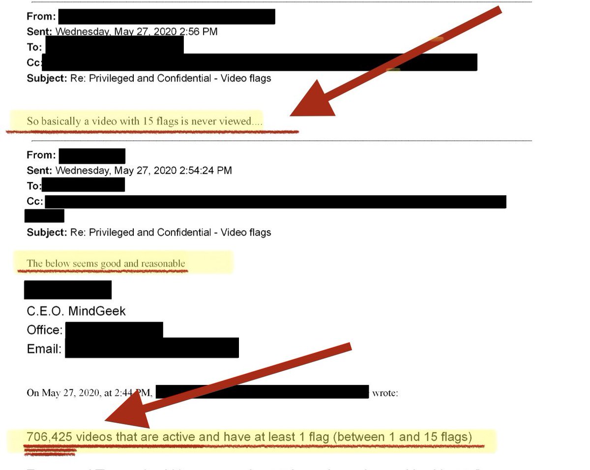LailaMickelwait's tweet image. These e-mails between the CEO/Owner of P*rnhub/MindGeek and his executive team were uncovered in legal discovery and made available to the public yesterday in redacted form.

This is the CEO/Owner discussing the fact that:

1. The official P*rnhub policy was to only review a…