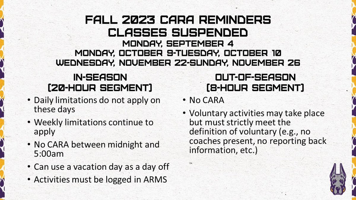 Classes are suspended on Monday, September 4 for Labor Day. Check out the countable athletically related activity (CARA) reminders below. 🌞