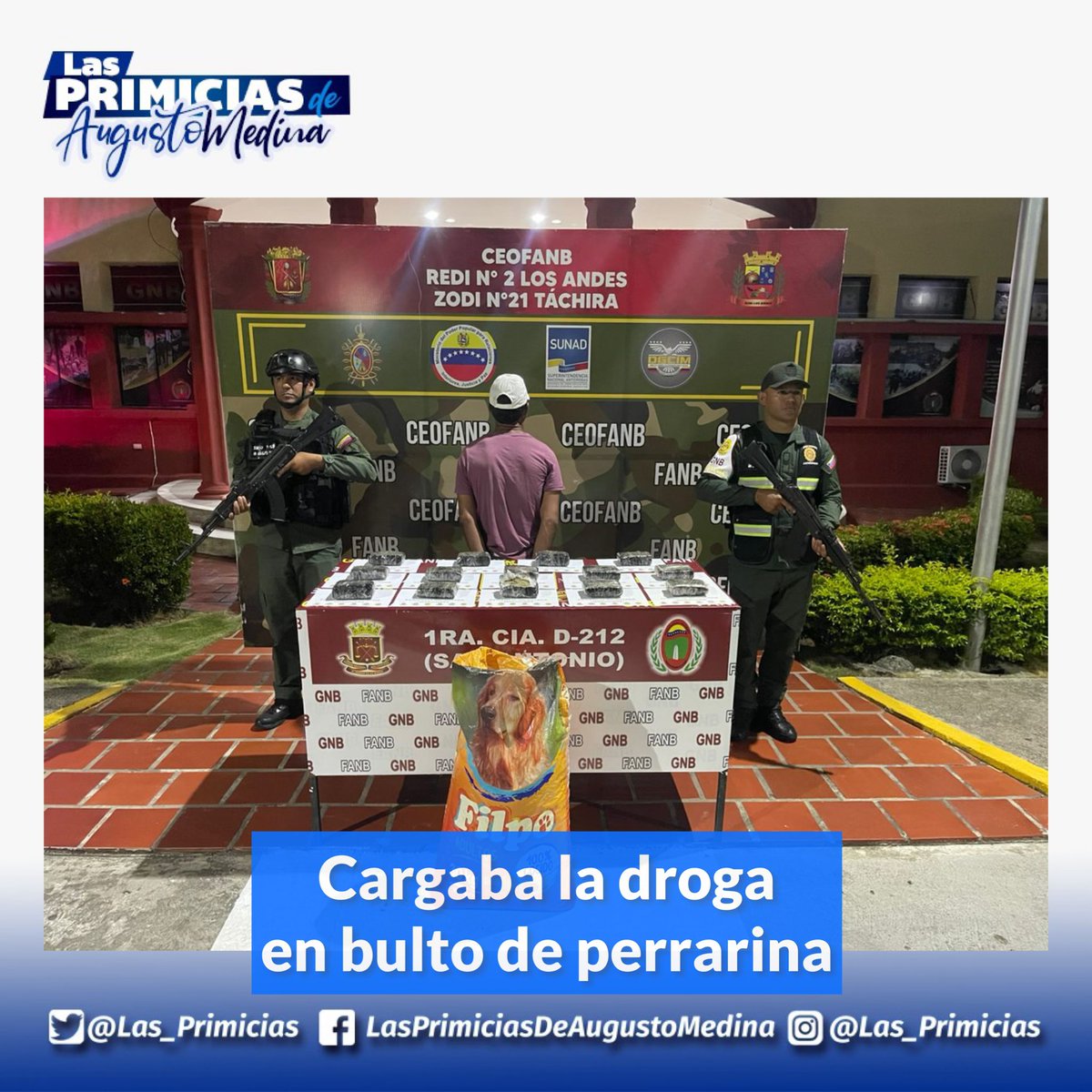 Cargaba la droga 
en bulto de perrarina

Un hombre que se trasladaba en un vehículo de transporte público,  con destino a San Cristóbal, fue detenido por efectivos de la Fuerza Armada Nacional con droga oculta en un bulto de perrarina.