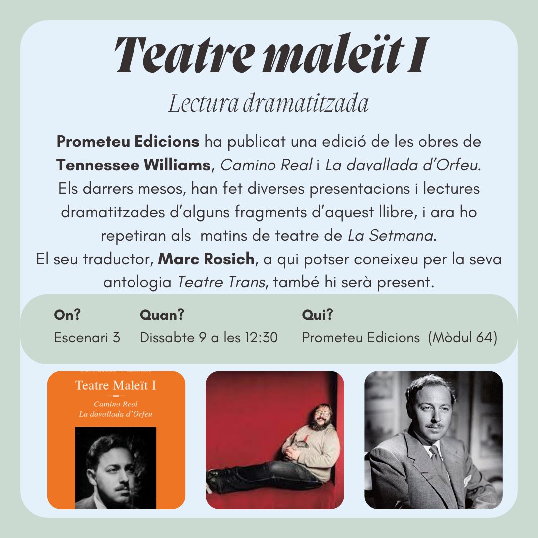 Lo Gay Saber (@logaysaber) on Twitter photo ❤️🧡💛La Setmana LGBTI+💚💙💜
A les 12:30 gaudirem de la (re)presentació de "Teatre Maleït", de Tennessee Williams. <a href="/PrometeuEd/">Prometeu Edicions</a> i <a href="/institutteatre/">Institut del Teatre</a> presenten dues obres de l'autor americà, traduïdes per <a href="/marcrosich/">marc rosich</a> , que s'allunyen del cànon habitual de Williams.
Us hi esperem! ❤️🧡💛La Setmana LGBTI+💚💙💜
A les 12:30 gaudirem de la (re)presentació de "Teatre Maleït", de Tennessee Williams. <a href="/PrometeuEd/">Prometeu Edicions</a> i <a href="/institutteatre/">Institut del Teatre</a> presenten dues obres de l'autor americà, traduïdes per <a href="/marcrosich/">marc rosich</a> , que s'allunyen del cànon habitual de Williams.
Us hi esperem!