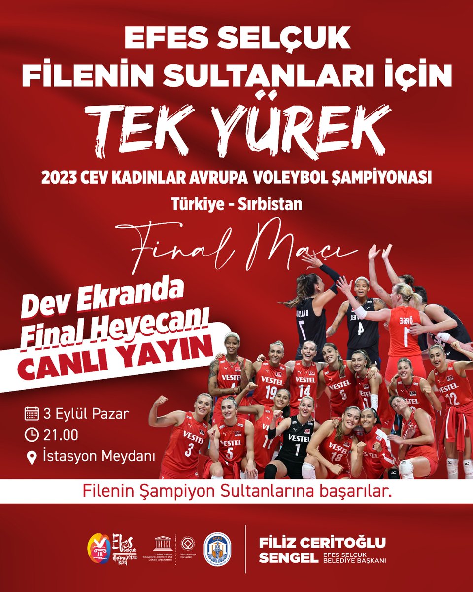 efesselcukbel's tweet photo. Haydi Efes Selçuk! Gururumuz Filenin Sultanları için tek yürek olup, İstasyon Meydanında maçın coşkusunu ve heyecanını hep birlikte yaşayalım. 🇹🇷

@filizceritoglu https://t.co/JqT2LKHhwR