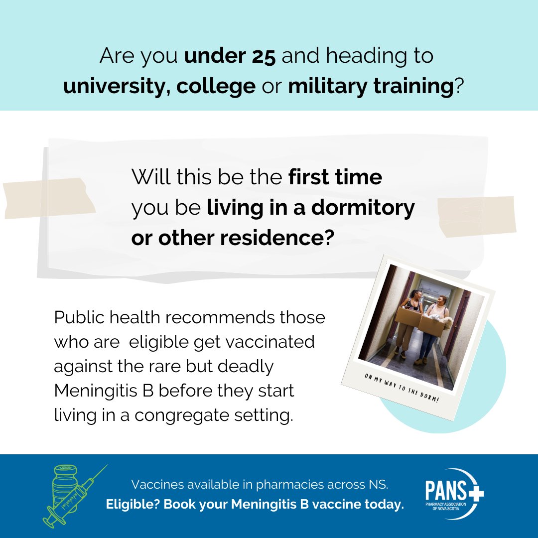 Protect yourself against Meningitis B! Nova Scotians under 25 and living in residence for the first time are covered for the vaccine. Learn more here: novascotia.ca/meningococcal-…