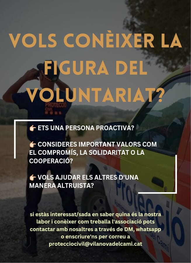 AVPCVilanova's tweet photo. L'Associació de Voluntaris de Protecció Civil de Vilanova del Camí iniciem la campanya per acollir noves incorporacions al grup.
Per a més informació contacta amb nosaltres a través de:
Instagram @avpcvilanova
Presidència: 683 15 89 96
Correu: protecciocivil@vilanovadelcami.cat https://t.co/NTvn8aakbG