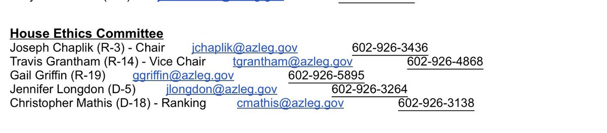 Contact your own Reps & AZLEG House Ethics Committee below:
@JosephChaplik @TravisGrantham Gail Griffin @JenLongdon @MathisforAZ