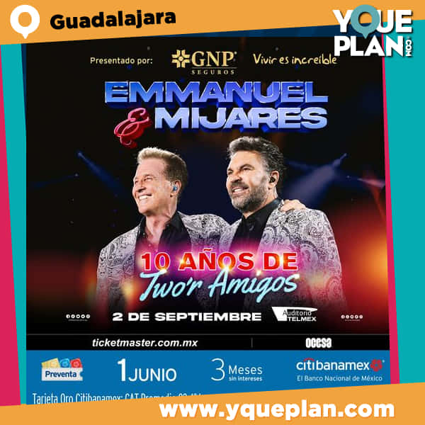 HOY Emmanuel y Mijares en Guadalajara 📷 Info : 📷 yqueplan.com/evento/emmanue…
.
.
#Guadalajara #TworAmigos #emmanuelymijares #Emmanuel #Mijares #MijaresEnConcierto