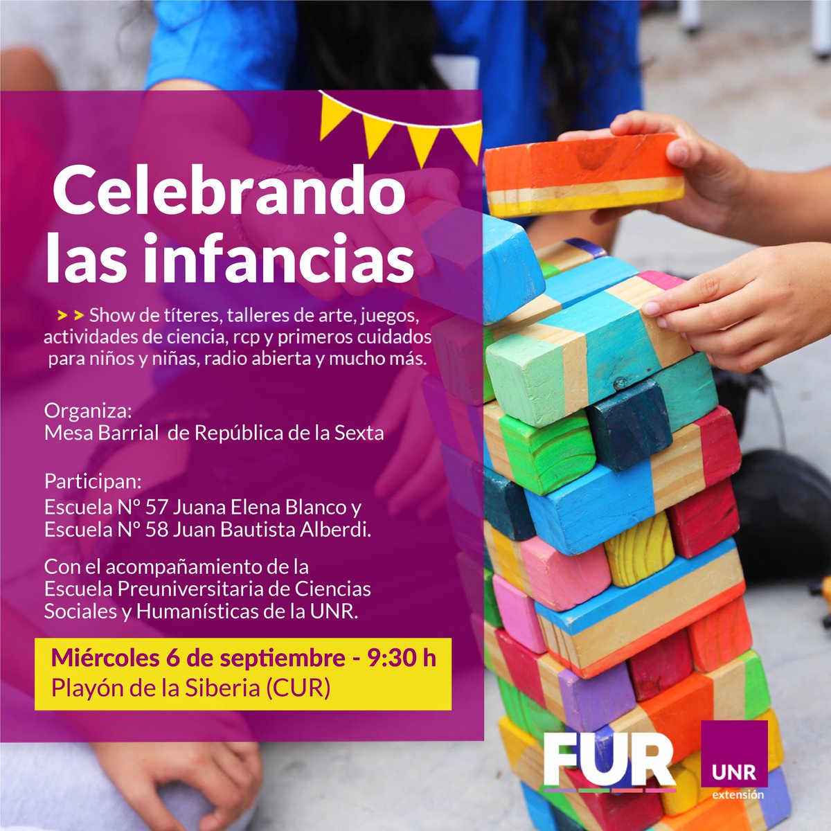 extensionunr's tweet photo. ¡Seguimos celebrando las infancias! 😍🥳
⁣⁣
El 6 de septiembre desde las 9:30h nos encontramos en el 📍playón del Centro Universitario para compartir con los niños y niñas del Barrio República de la Sexta.

Organiza la Mesa Barrial Rep. de la Sexta 🙌🏼

¡Te esperamos! https://t.co/JXssOv7Amw