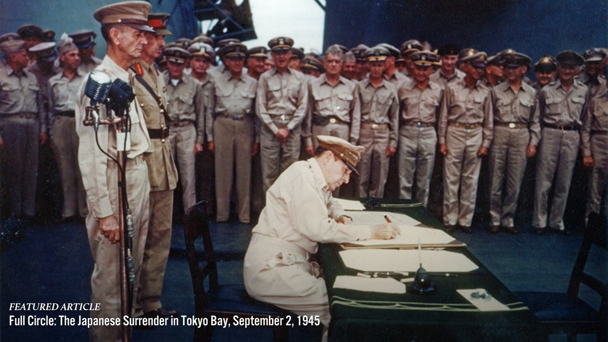 WWIImuseum's tweet photo. Every aspect of the Japanese surrender aboard the USS Missouri in Tokyo Bay on September 2, 1945, was carefully choreographed. Read the full article on the formal surrender of Japan and the official end to World War II here: https://t.co/YygubGAyNx https://t.co/61I37Ltafb
