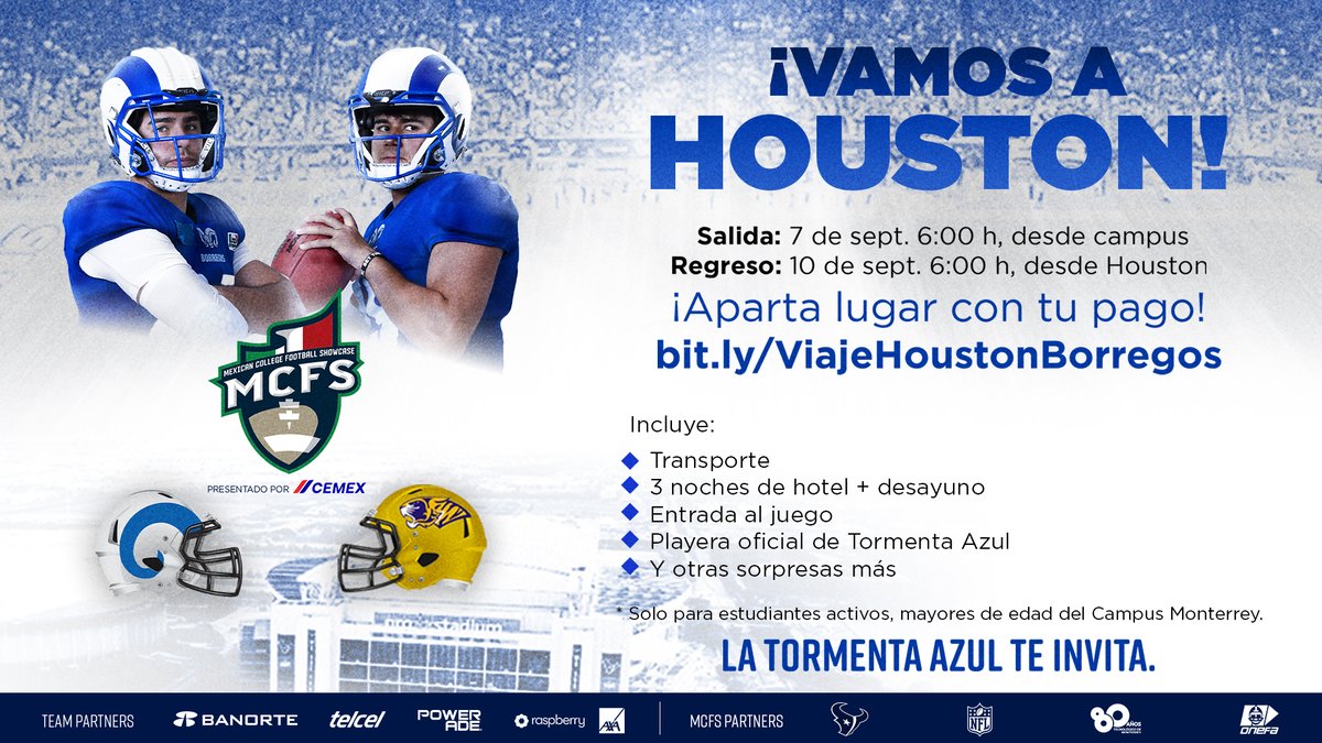 TECcampusMTY's tweet photo. ¡Vamos a Houston! Faltan 6️⃣ días para el clásico estudiantil 🏈🤘

Se parte de la #TormentaAzul💙, separa tu lugar para asistir al partido de americano Borregos Monterrey 🐏 vs. Tigres UANL🐯 que se jugará en Houston🤩

Ingresa en la siguiente liga 👉https://t.co/REyWU0HDv1 https://t.co/8kpd51KlQt