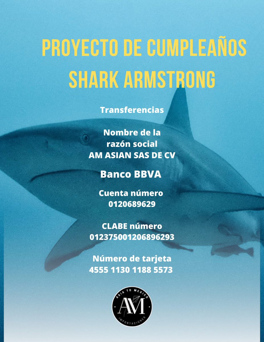 freenbeckmexico's tweet photo. FreenBecky México les trae el proyecto Shark Armstrong para el cumpleaños de Becky🎉

La idea es adoptar un tiburón a su nombre y que ella pueda rastrearlo, nombrarlo y tener actualizaciones sobre su estado🦈
La fundación que nos ayudará en esto se llama Saving our Sharks, basada principalmente en Isla Mujeres, México 🇲🇽 

El tiburón estaría en el caribe mexicano y de igual manera todo el dinero recaudado va para el cuidado e investigación de éste y otros tiburones de la fundación.

La meta? 31k pesos mexicanos. Si no llegáramos a la meta, parte del dinero se utilizaría para donar a la fundación y otra parte para distintos regalos para Becky. 

En las imágenes encontrarán más información así como la cuenta a la qué hay que donar 

Que les parece? Cualquier duda que tengan déjenla en los comentarios 🙏

Esperamos puedan apoyar donando 🫶🏻🦈
