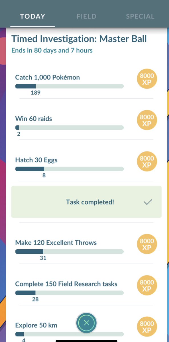 HelenOakes3's tweet image. 2 of 10 completed so far - raids will be my tough one.  Accidentally traded in the Xp on one without an egg! 😣ugh! #PokemonGO #PokemonGOfriends #TimedInvestigation @PokemonGoApp