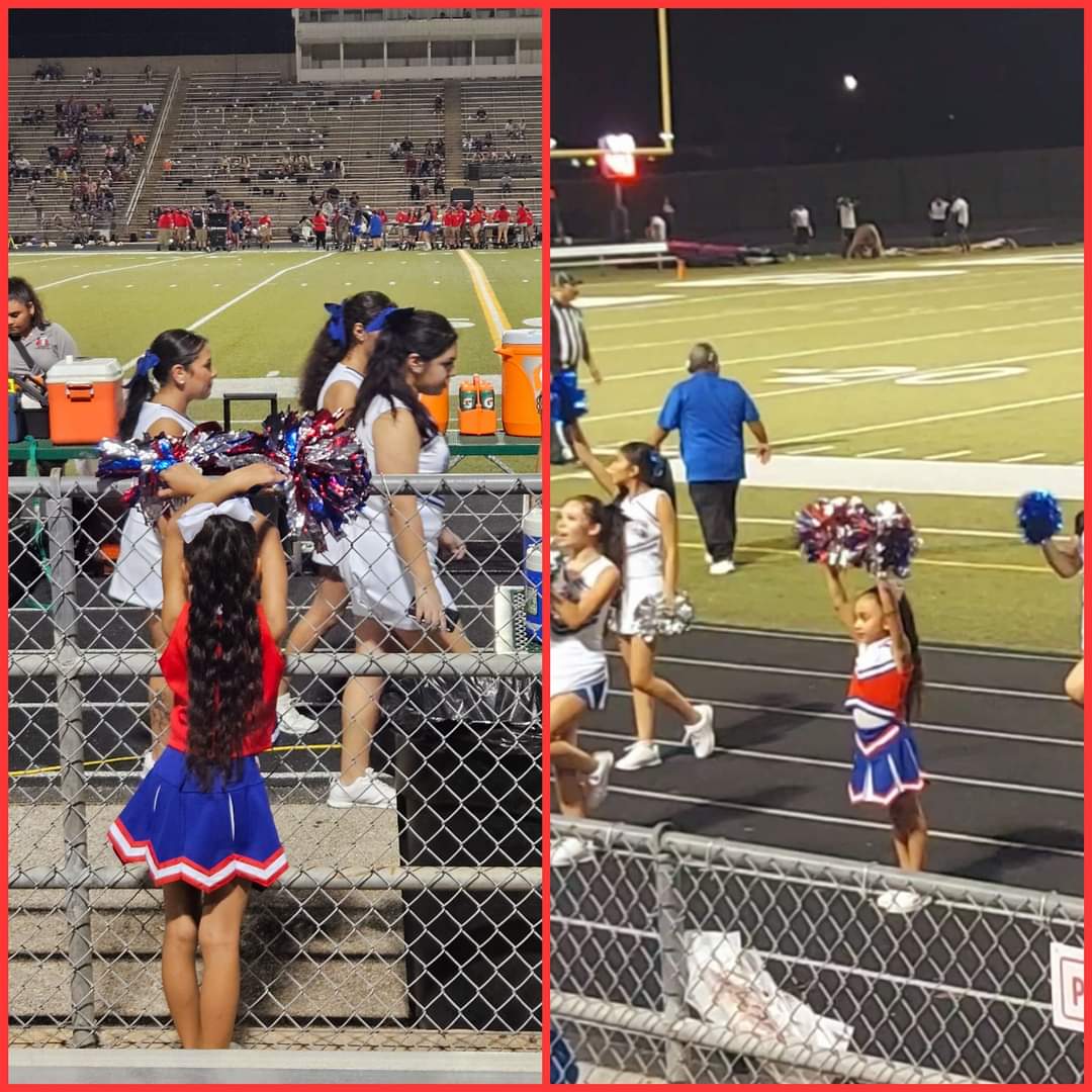 How it started and how it ended! ❤️ Bella was determined to cheer for her brother!! #GOELIJAH12 @MHSMinutemenATH Thank you @CoachCCabrera & MHS Cheer Squad for letting my baby girl be an Honorary Cheer Leader last night!!