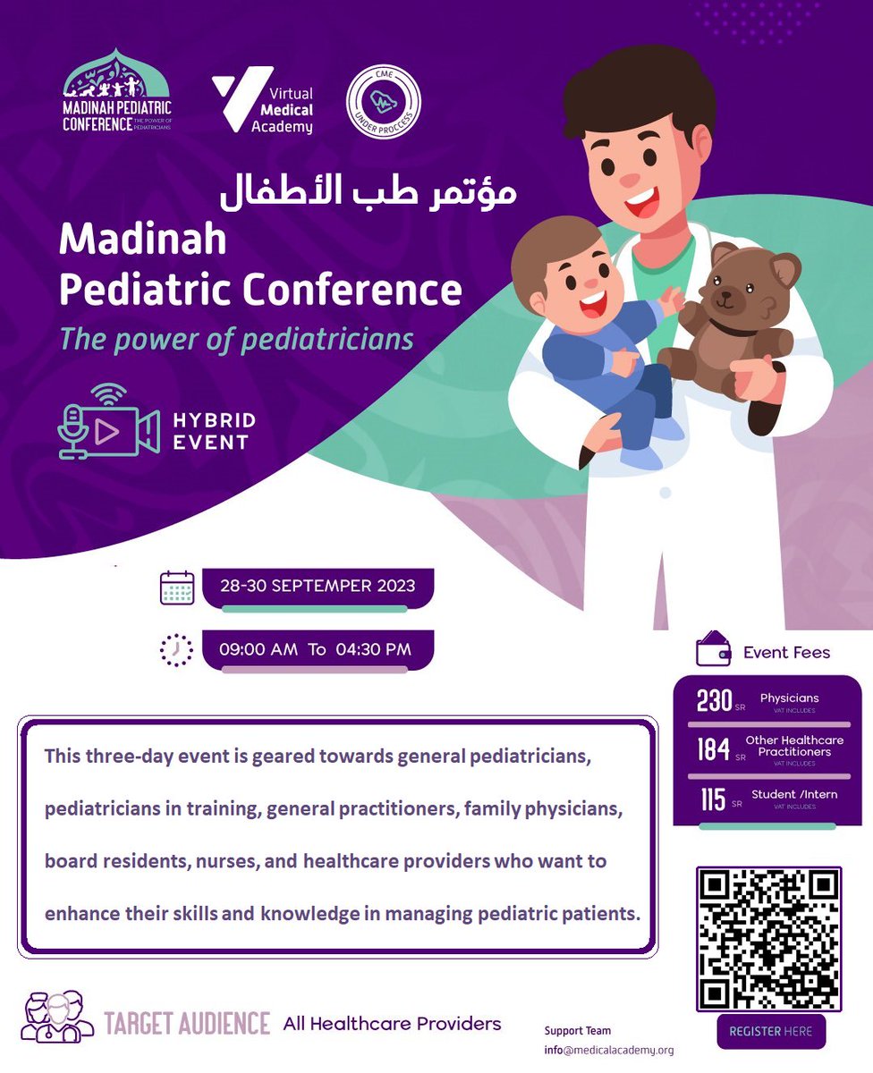 نخبة من المتحدثين يشاركونكم خبراتهم في التعامل مع أمراض الأطفال المزمنة من خلال محاضرات وورش عمل تمتد على ثلاثة أيام في:
◀️مؤتمر #طب_الأطفال 
🗓️ 28 - 30 سبتمبر 
✅شهادة حضور 
✅ المؤتمر متاح لجميع الممارسين الصحيين والطلاب
#حضوري و  #أونلاين 
سجل الآن:
medicalacademy.org/portal/event/v…