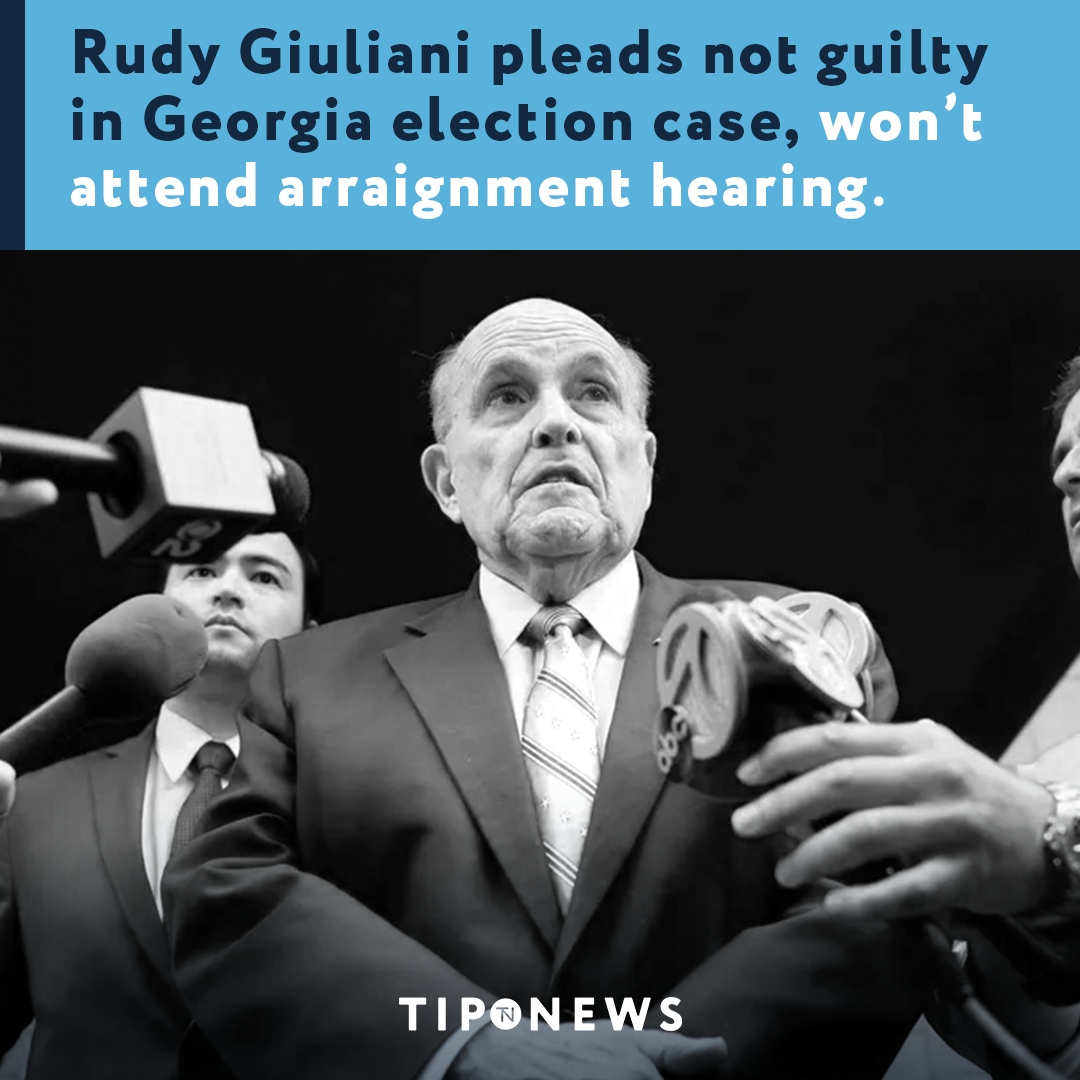 TipNewsBrief's tweet photo. Rudy Giuliani pleads not guilty to charges related to the alleged attempt to overturn the 2020 election results in Georgia, joining former President Donald Trump and 10 others. The charges against Giuliani include violation of Georgia's anti-racketeering law. https://t.co/DCyZOeZ4OF