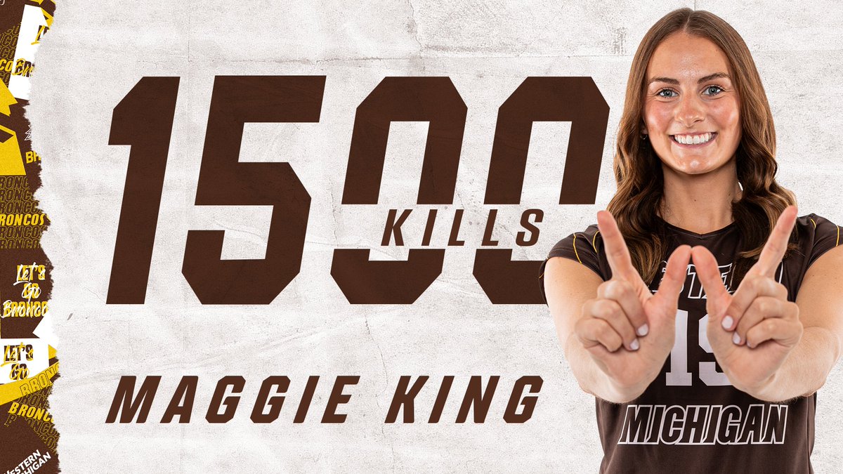 WMUVolleyball's tweet photo. With her last kill, @maggie_king9 has become the fourth player in program history to reach 1500 for her career!!

#BroncosReign https://t.co/HnXhlQPama