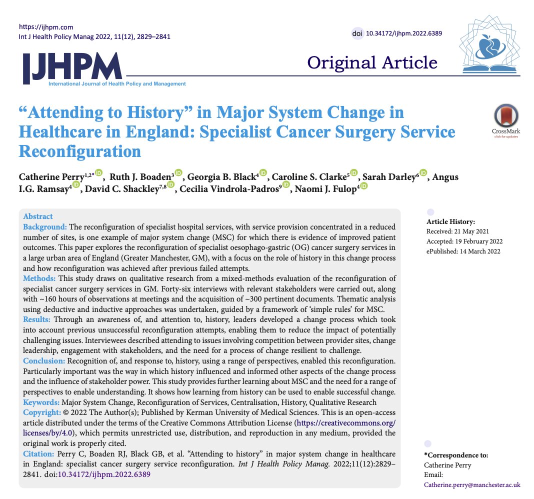 “Attending to History” in Major #SystemChange in #Healthcare in #England: Specialist #CancerSurgery Service Reconfiguration ijhpm.com/article_4226.h… doi.org/10.34172/ijhpm… #ReconfigurationofServices #Centralisation #History #QualitativeResearch #IJHPM #HealthPolicy