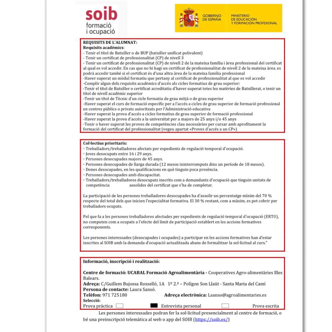 Des de <a href="/CoopAgroIB/">Cooperatives Agro-alimentàries Illes Balears</a> , amb seu al Polígon de Son Llaüt de Santa Maria del Camí, ens informen d’aquests cursos:
-Certificat de Professionalitat d’Agricultura Ecològica (Nivell II).
-Certificat de Professionalitat de Gestió de serveis per al control d’organismes nocius (Nivell III).