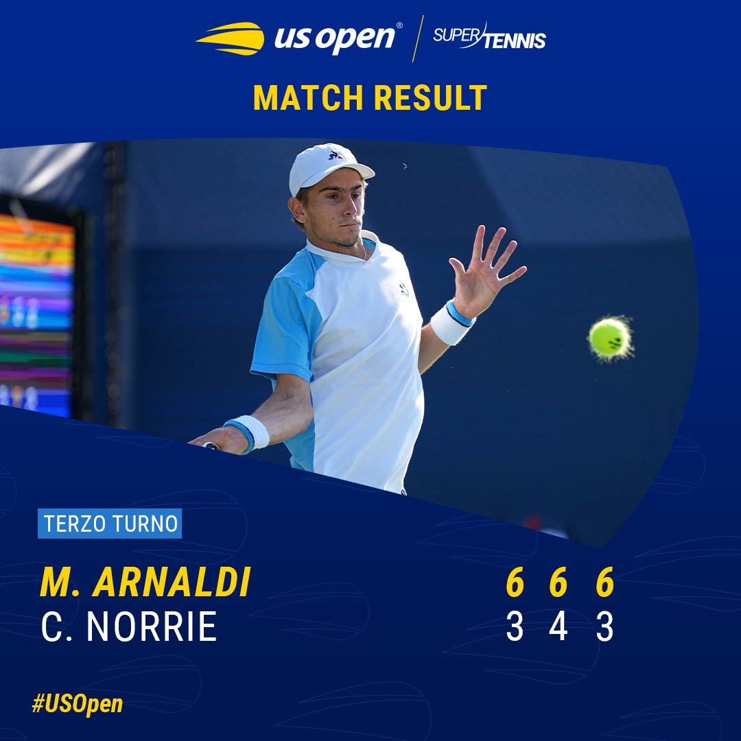 SuperTennisTv's tweet photo. 🔥 M-A-T-T-E-O 🇮🇹

#Arnaldi elimina in tre set la testa di serie n°16 Norrie e per la prima volta in carriera giocherà gli ottavi di uno Slam 👏

#tennis | #USOpen | @usopen | @federtennis https://t.co/cKBv3IXomn