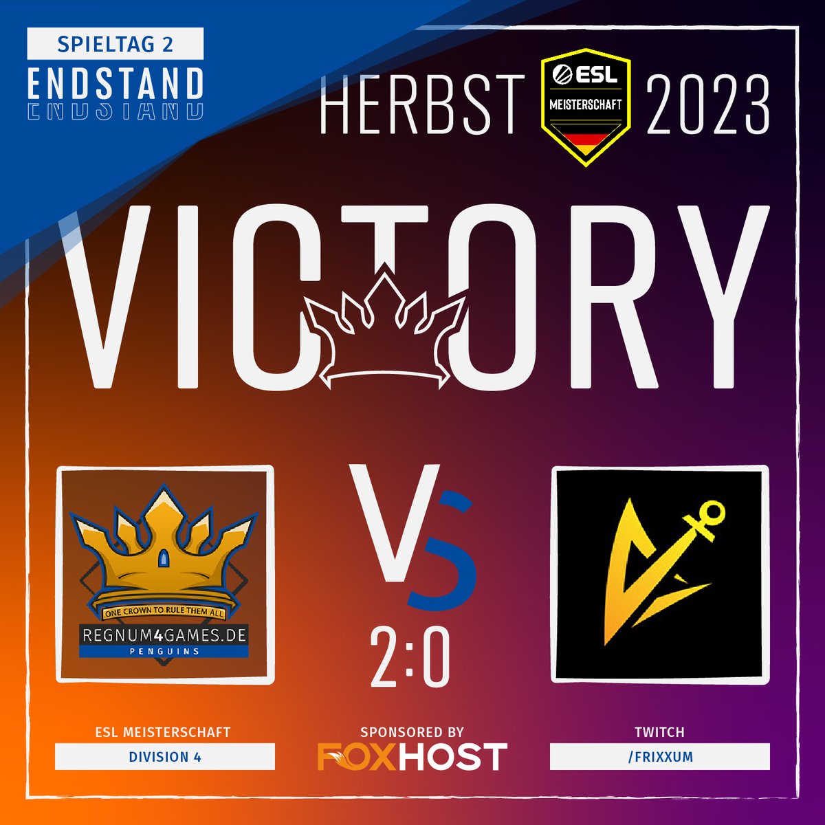 regnum4games's tweet photo. 👑[#ESLMeisterschaft]👑

Mit 2:0 gewinnen unsere #Penguins🐧am zweiten Spieltag der #ESLMeisterschaft deutlich gegen @AncorisEsports Liqta!

Danke an @Frixxum für den Cast! 

🟢| Inferno - 16:08 // #win
🟢| Overpass - 16:09 // #win 

🎙️| @Frixxum 

#regnum4games | #CSGO | #DECS https://t.co/ZqhLmc1IWQ
