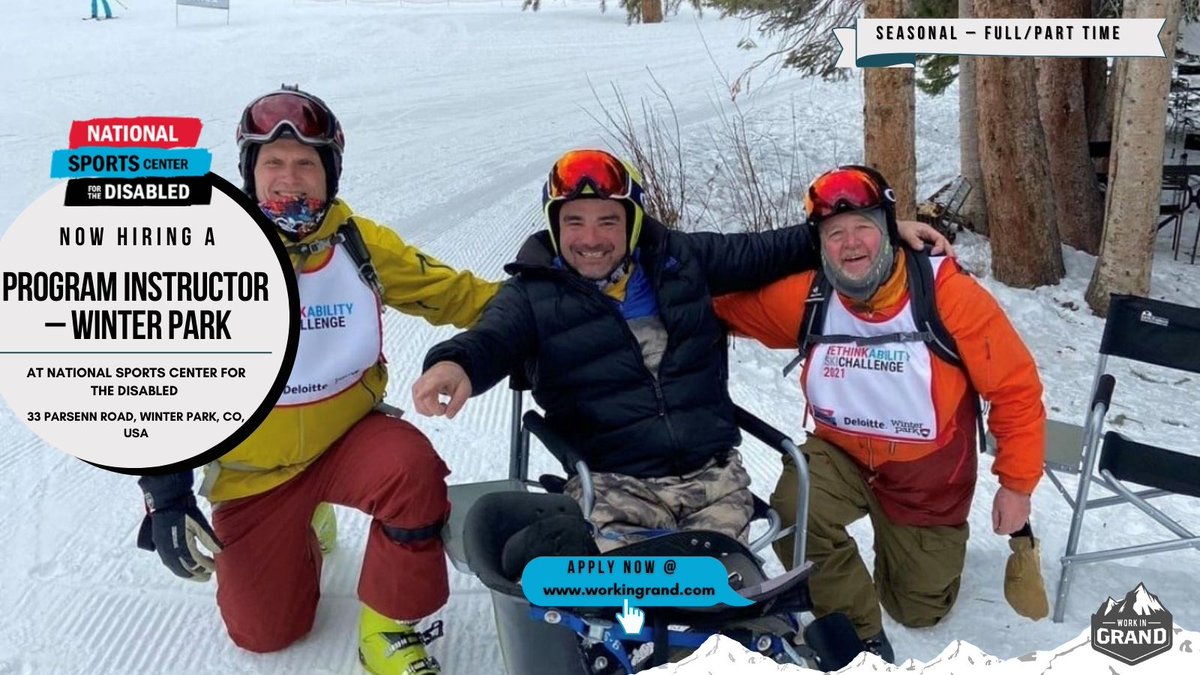 WorkInGrand's tweet photo. workingrand National Sports Center For The Disabled  hiring Program Instructor – Winter Park

33 Parsenn Road, Winter Park, CO, USA 
#applynow at

https://t.co/FtaU1wPuYm

#coloradojobs
#coloradojobadventure
#coloradojob
#coloradojobsearch
#coloradojobseekers https://t.co/GZqRABn0k1