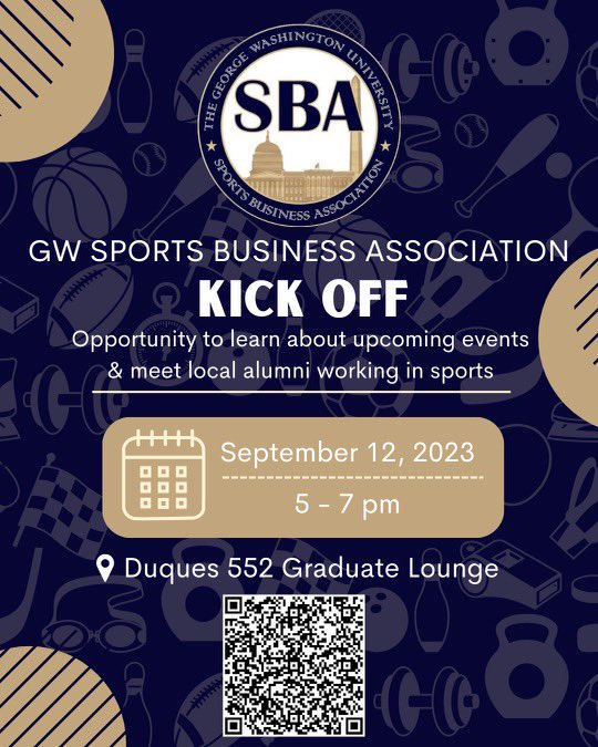 Attention GW students! Join us for SBA kickoff on Tuesday, September 12th!

Take advantage of the opportunity to meet alumni and to hear more about how you can get involved with us. Plus there will be snacks!

Sign up using the QR code or the link in our bio! See you there!