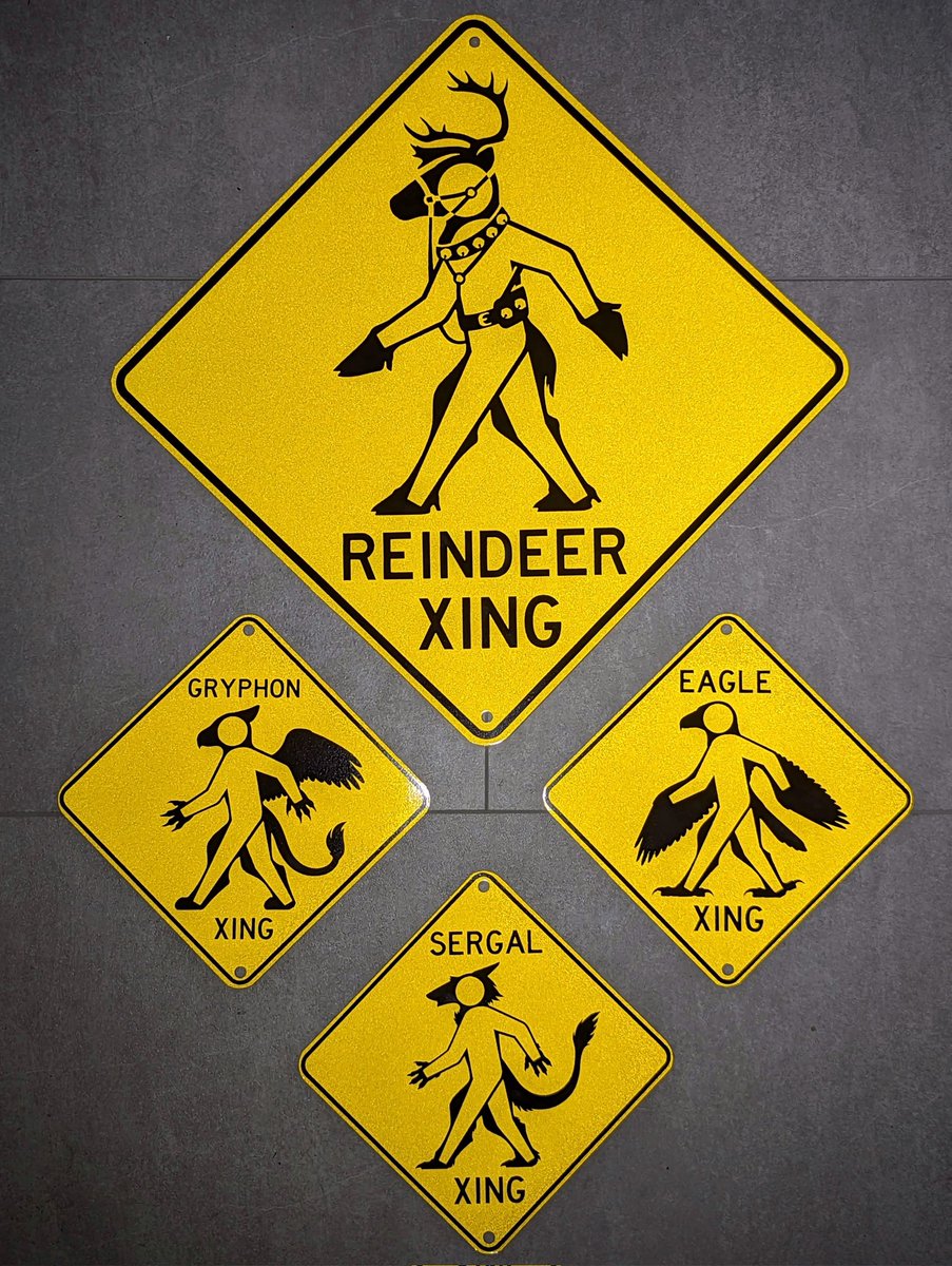 4 metal crossing signs featuring Mythimorph Labs' "Metamorphic" designs: a human stick figure cut out inside a silhouette of various creatures (Reindeer, Gryphon, Sergal, & Eagle)
