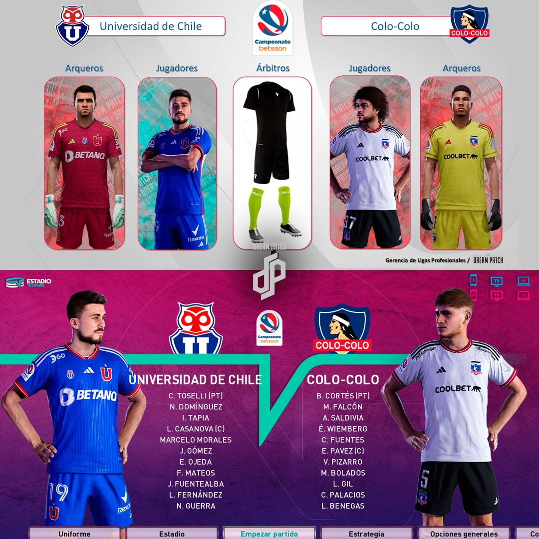 PESDreamPatch's tweet photo. 👕🩳🧦 #CampeonatoBetsson 2️⃣0️⃣2️⃣3️⃣ ⚽🔝 
 #SuperclásicoDGO  | SÁBADO 2 15:00 | 
@udechile 🆚 @ColoColo

Supercl��sico del Campeonato Nacional
Por @PESDreamPatch  💻📺📲
#PesDreamPatch #PES2021 #efootball #SeasonUpdate

Descárgalo ya: https://t.co/lzHygsLJ6w https://t.co/HInJxfD6c7