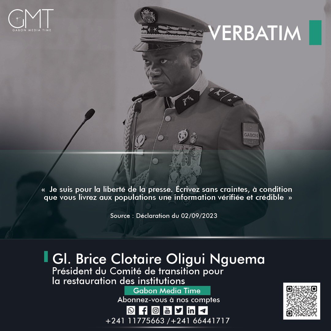 [#Verbatim] Général de brigade Brice Oligui Nguema : « Je suis pour la liberté de la presse »

 📱066441717  📞 011775663

#GMT
#Gabon