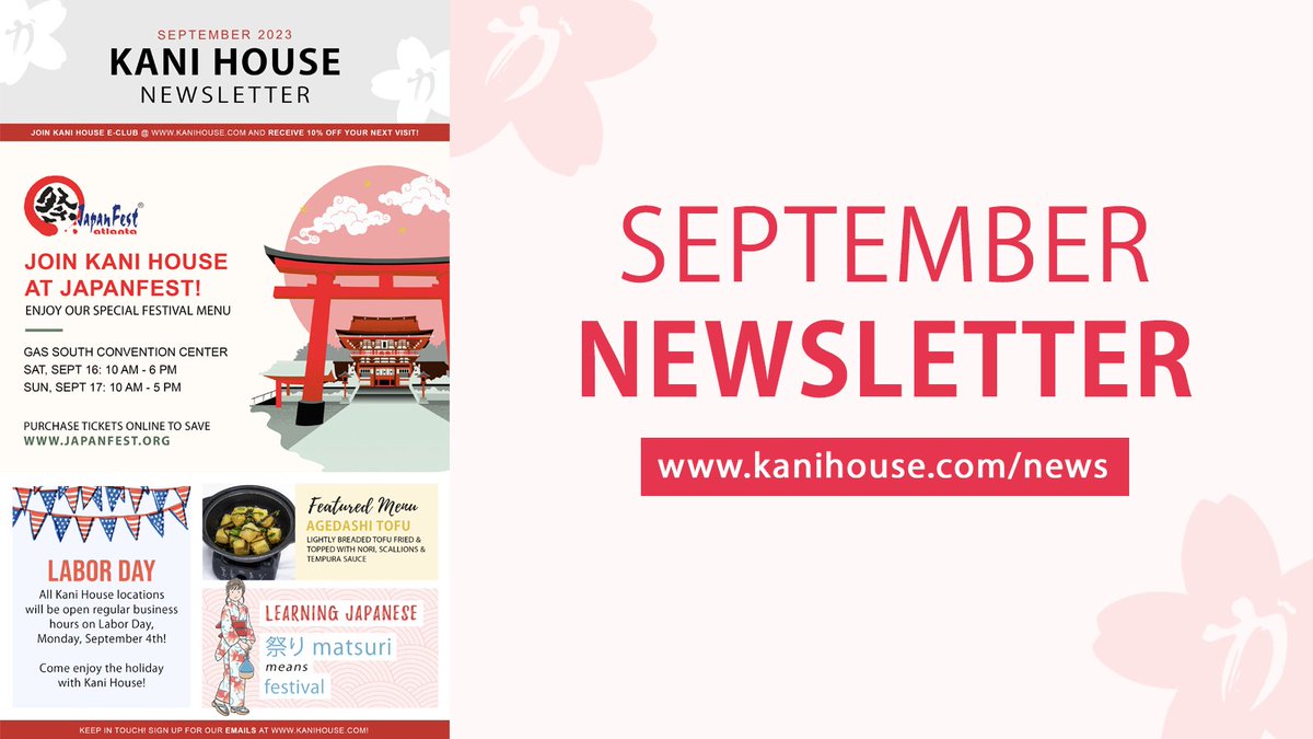Check out the September Newsletter including <a href="/atljapanfest/">JapanFest Atlanta</a> , #LaborDay hours &amp; more
kanihouse.com/news #Metro #Atlanta