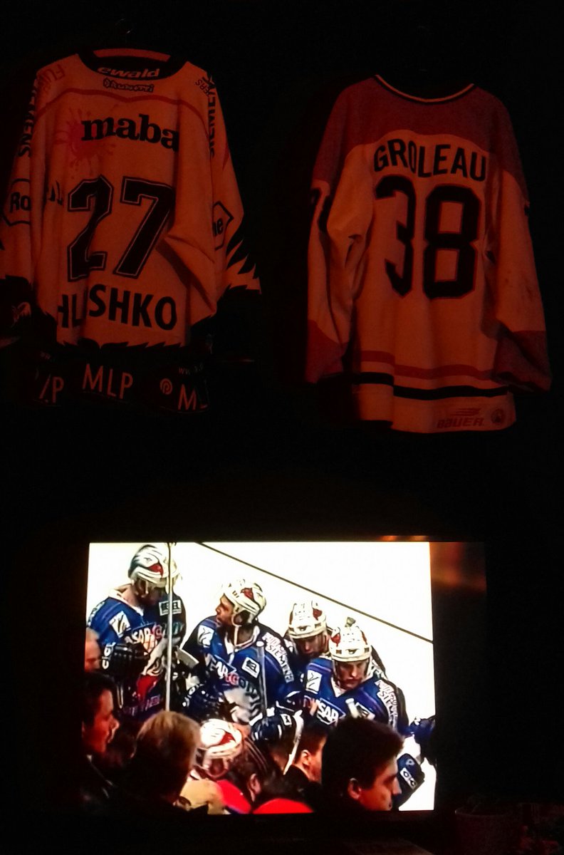 NostalgiaEagle's tweet photo. Getting in the mood for tomorrow with a replay of the decisive 2001 final game framed by the (now vintage, I guess) game worn jerseys from @ToddHlushko (01/02) and François Groleau (97/98). https://t.co/Wh6k1hdf3N