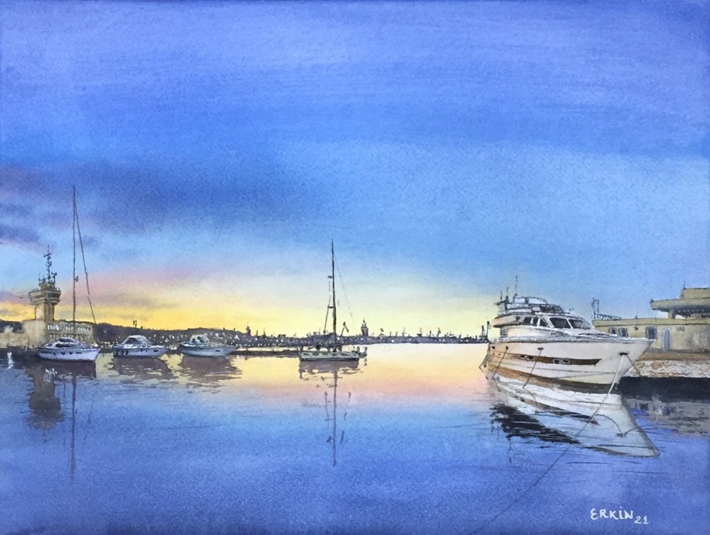 Sundown In Harbor., Painting by Erkin Yılmaz | Artmajeur artmajeur.com/er-yilmaz-68/e…