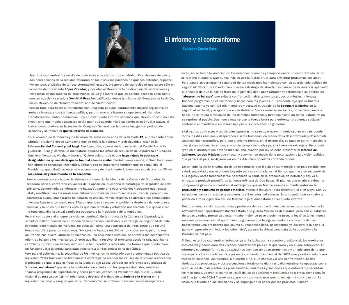 SerpienYEscaler's tweet photo. El #informe y el #contrainforme
Columna de @SGarciaSoto
en @Univ_Opinion
@lopezdoriga
@XochitlGalvez
#5toInformeDeGobierno
#4T
@coneval @INEGI_INFORMA
@Mx_Diputados
@SEDENAmx
@SEMAR_mx
https://t.co/TyKRtwzIpK a través de @eluniversal https://t.co/jP3NUlNHSk