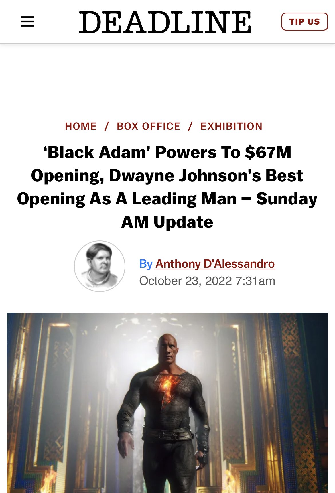 Black Adam debuts at No. 1 at the box office