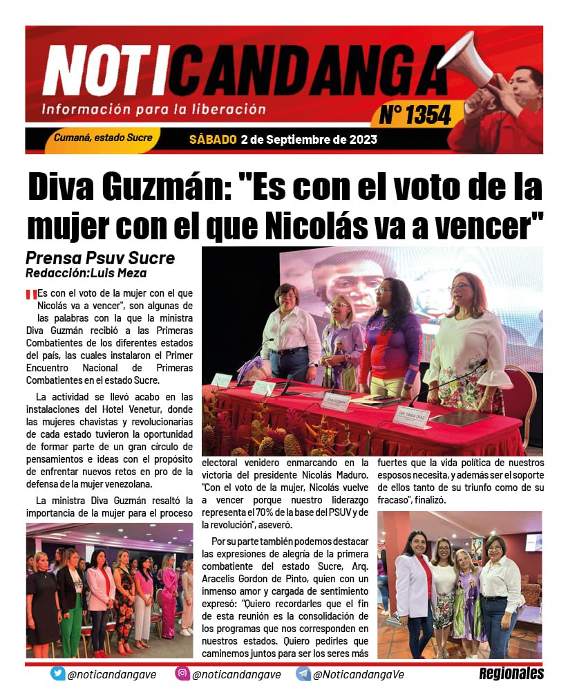 PSUV SUCRE (@pdopsuvsucre) on Twitter photo 🚩 AVANCE INFORMATIVO🚩
Presentamos NOTICANDANGA No. 1.354 Información para la liberación! .
📲 Sigue las noticias en la Web: sucre.psuv.org.ve
#VenezuelaEnPlan30
<a href="/nicolasmaduro/">Nicolás Maduro</a>
<a href="/dcabellor/">Diosdado Cabello R</a>
@gpintovzla
<a href="/lossifontes/">LUIS JAVIER SIFONTES</a>
<a href="/PartidoPSUV/">PSUV</a>
<a href="/LuisJacobo84/">Luis Jacobo Salazar González</a>
instagram.com/p/Cws3IFLJjg4/… 🚩 AVANCE INFORMATIVO🚩
Presentamos NOTICANDANGA No. 1.354 Información para la liberación! .
📲 Sigue las noticias en la Web: sucre.psuv.org.ve
#VenezuelaEnPlan30
<a href="/nicolasmaduro/">Nicolás Maduro</a>
<a href="/dcabellor/">Diosdado Cabello R</a>
@gpintovzla
<a href="/lossifontes/">LUIS JAVIER SIFONTES</a>
<a href="/PartidoPSUV/">PSUV</a>
<a href="/LuisJacobo84/">Luis Jacobo Salazar González</a>
instagram.com/p/Cws3IFLJjg4/…