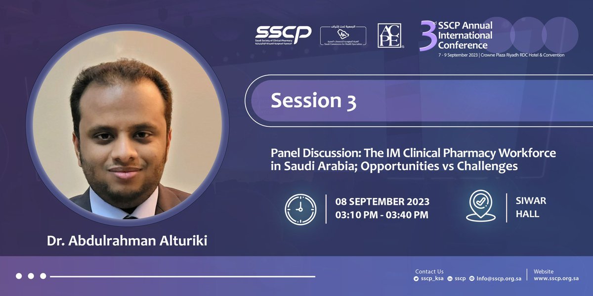 A panel discussion will kick off our program, where our esteemed residency program directors in Saudi Arabia will discuss "The IM Clinical Pharmacy Workforce in Saudi Arabia; Opportunities vs Challenges."