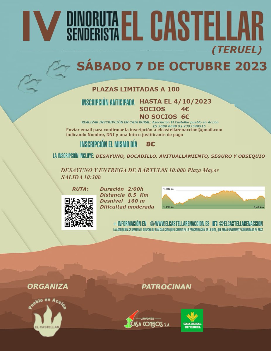 el_castellar's tweet photo. El sábado 7 de octubre realizaremos nuestra IV DINOruta por un recorrido que nos hará disfrutar de distintos paisajes. 
Ya puedes realizar tu inscripción, no te lo puedes perder.
#elcastellar 
#andadas
#caminatas 
#senderismo https://t.co/9qK30sxeRI