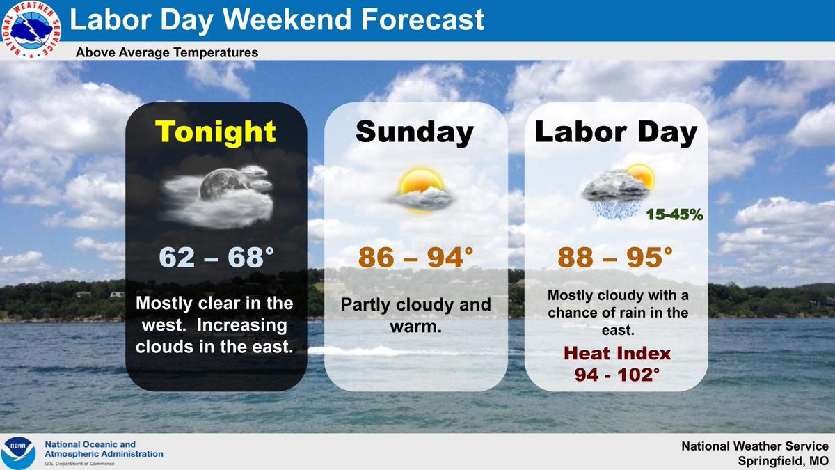 Increasing clouds on Sunday with rain chances increase on Monday, mainly southeast of Springfield. Humidity will also be on the increase Monday with heat index values around 100. #mowx #kswx