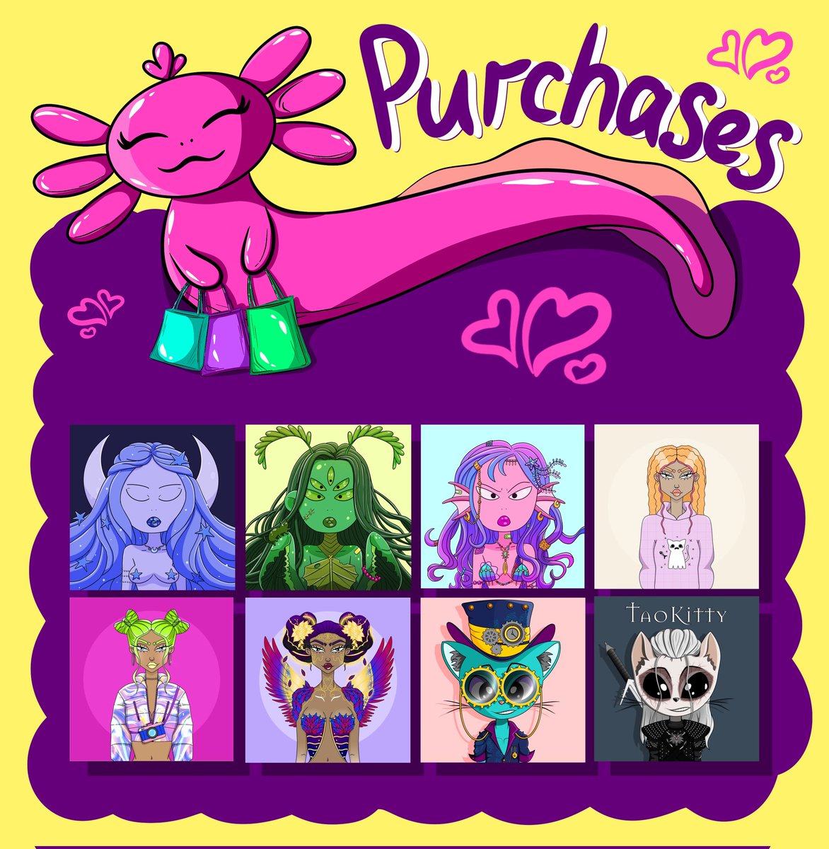 Hi everyone my dear 😘

My last purchases 🥰❤️‍🔥

All the Artists are very talented, follow to them 💜
Support them 🥰

❤️‍🔥 Part 1 ❤️‍🔥
<a href="/BonnyNFT_PFP/">❤️BONNY❤️</a>
<a href="/wonkywoof/">WONKY WOOF</a> 
@ordinaryblossom 
<a href="/Elegit2021/">Elegit</a> 
<a href="/LibertinasNFT/">LIBERTINAS 💞</a> 
<a href="/KimojiNFT/">thekimoji.nft | 74% MINTED</a> 
<a href="/StroppyNFT/">Stroppy</a> 
<a href="/Luna_NFT_/">Luna🌙 #NFTNYC2024</a> 
<a href="/TaoKitty6/">TaoKitty / PFP</a>