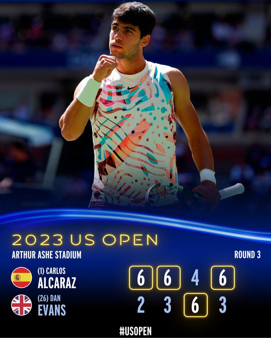 Graphic: Carlos Alcaraz defeats Dan Evans 6-2, 6-3, 4-6, 6-3 in Round 3. 