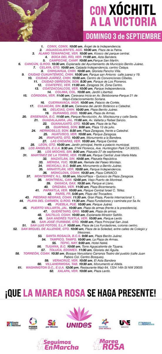 XochitlGalvez's tweet photo. De Norte a Sur y de Este a Oeste, en 62 ciudades del país saldremos a celebrar que la #eXperanza cambió de manos.

Sé parte de la historia. 🇲🇽

#XóchitlVa https://t.co/3Zoykz6uPL
