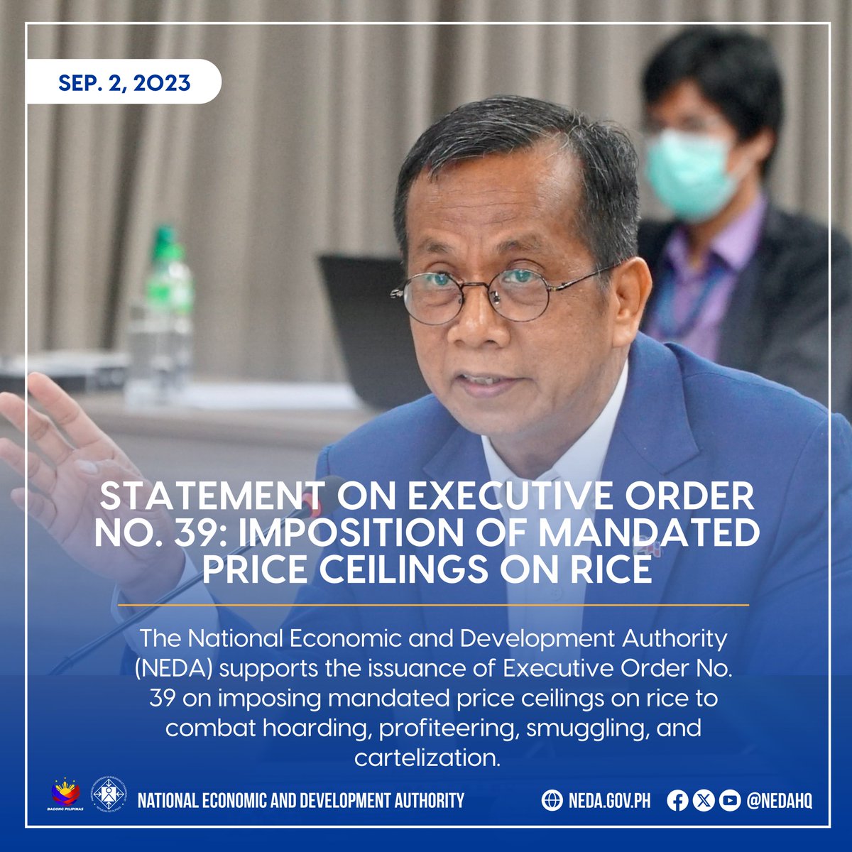DEPDevgovph's tweet photo. 𝐋𝐎𝐎𝐊: NEDA supports the issuance of Executive Order No. 39, which imposes mandated price ceilings on rice to combat hoarding, profiteering, smuggling, and cartelization.

Read more: https://t.co/WWFxDIYBFu

Read E.O No. 39: https://t.co/Vn16h4jQcL https://t.co/nR8gIhA2tn