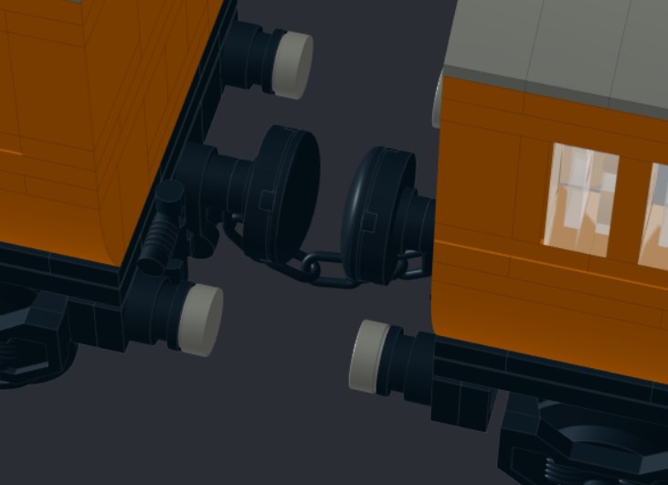 WoodenToby's tweet photo. Time to answer an FAQ:

Here are some screenshots of the couplings I use to connect my Lego models. I attach them without removing any other parts, and the rounded parts on the ends allow trains to reverse around curves and points without derailing. https://t.co/eWnrz16ona