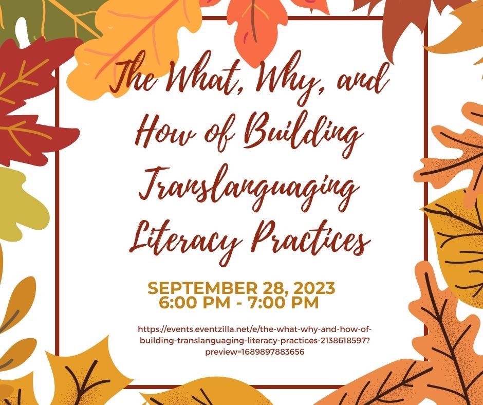 Join us on 9/28!📙 Dr. Brooke Y. Hoffman, from Rowan University’s ESL and Bilingual Education programs, will facilitate an online workshop that focuses on incorporating translanguaging texts and bilingual texts into classroom and school literacy practices events.eventzilla.net/e/the-what-why…