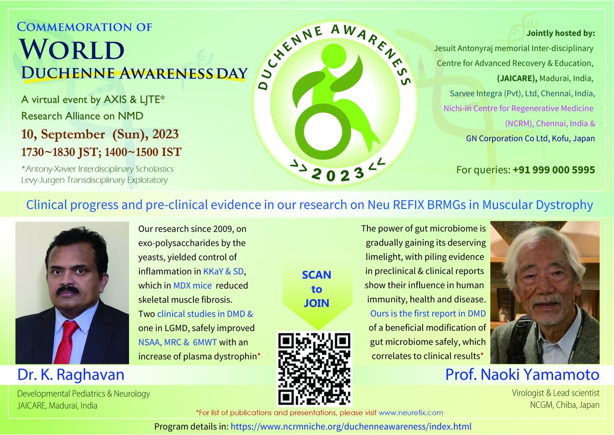 World Duchenne Awareness Day commemorative webinar on the power of gut microbiome in DMD; A report on pre-clinical evidence and outcome of two clinical studies in DMD & one in LGMD; 10 Sep, 2023: ncrmniche.org/duchenneawaren…… #musculardystrophy #duchenneawareness
@defeatduchenne…