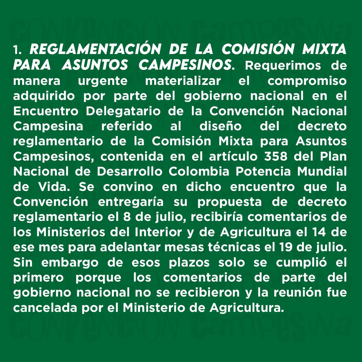Presidente <a href="/petrogustavo/">Gustavo Petro</a> La Convención Nacional Campesina, le solicita de manera urgente la instalación de la Comisión Mixta para Asuntos Campesinos e interlocución, para avanzar en la Reforma Agraria Rural Integral.

Atentos a su pronta respuesta.
<a href="/jmojicaflorez/">J. Mojica</a> <a href="/velascoluisf/">Luis Fernando Velasco Chaves 🚩</a>