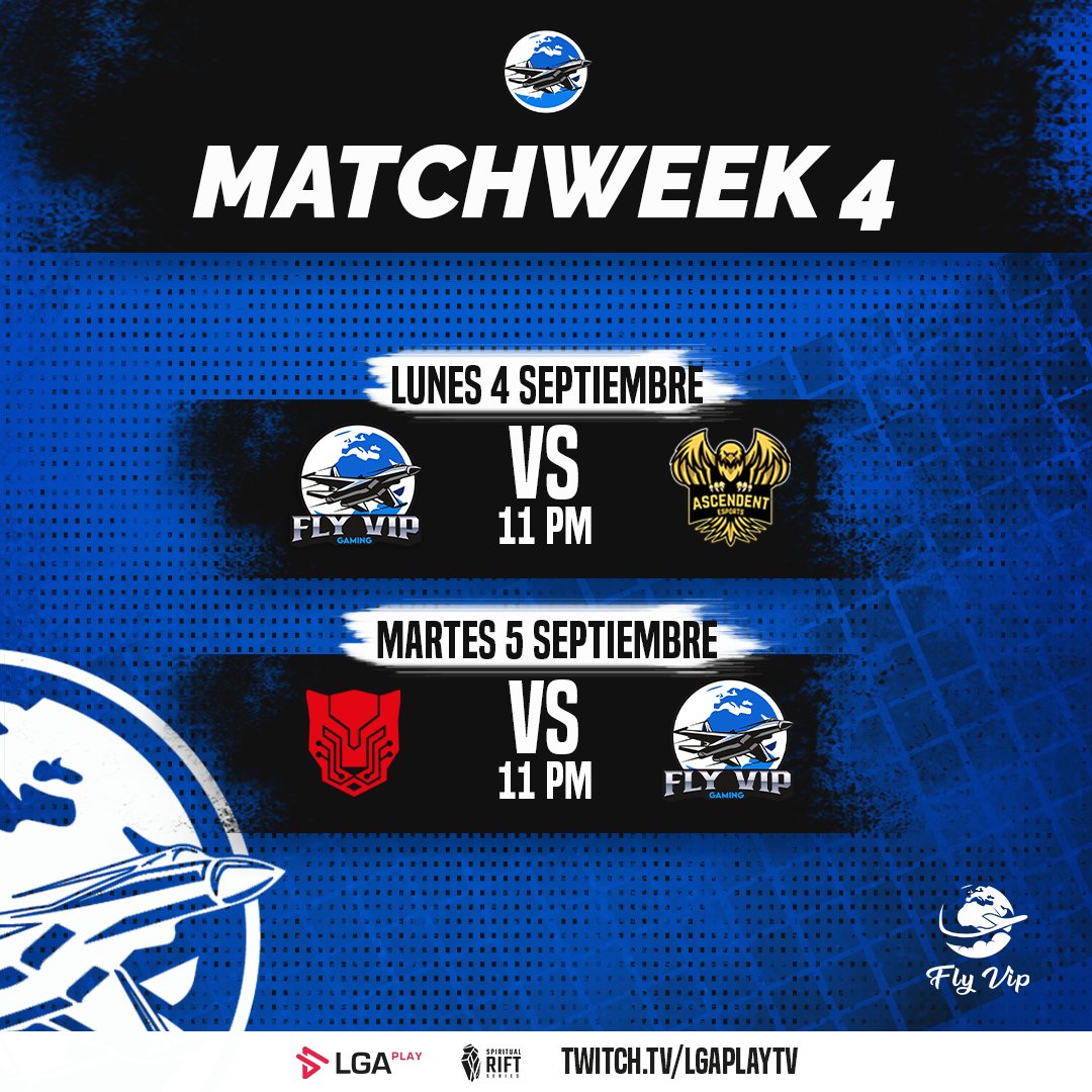 Queridos pasajeros aquí el itinerario de vuelo de nuestra tripulación para la semana 4 en la #SRS

📅 Lunes 4/9
🆚 <a href="/ascendentesport/">Ascendent Esports</a>
⏰ 11pm Ve

📅 Martes 5/9
🆚 <a href="/PantereSports/">Panter eSports</a> 
⏰ 11pm Ve

#Venezuela #eSports #RealVIP