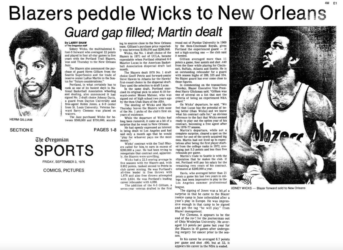 77Blazers's tweet photo. Aug 2 1976 - The @trailblazers had a busy day, trading 4-Time All-Star forward #SidneyWicks to #NewOrleansJazz &amp; #LaRueMartin to @SeattleSonics. 

They also acquired #HermGilliam from #Seattle &amp; signed rookies #JohnnyDavis, #RobinJones &amp; waived forward #BarryClemens

#RipCity https://t.co/BWEXYfizJI