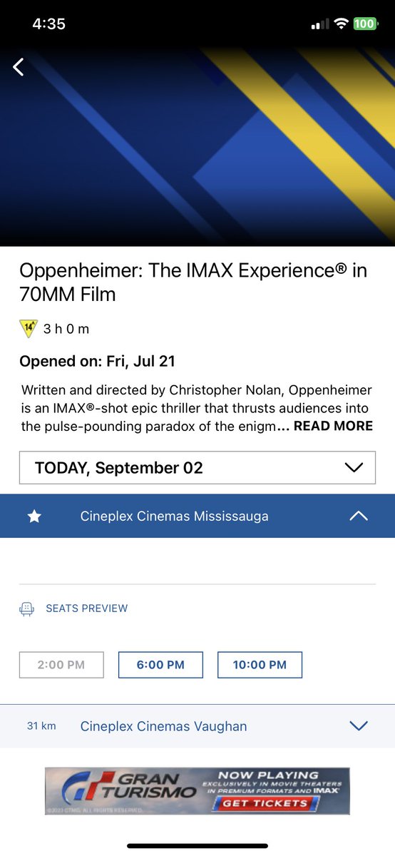 CineTimeCanada's tweet photo. #Oppenheimer still playing in #SqOne that too in the painfully difficult to manage 70mm format #JustNolanThings https://t.co/ZlFEn4iyCz
