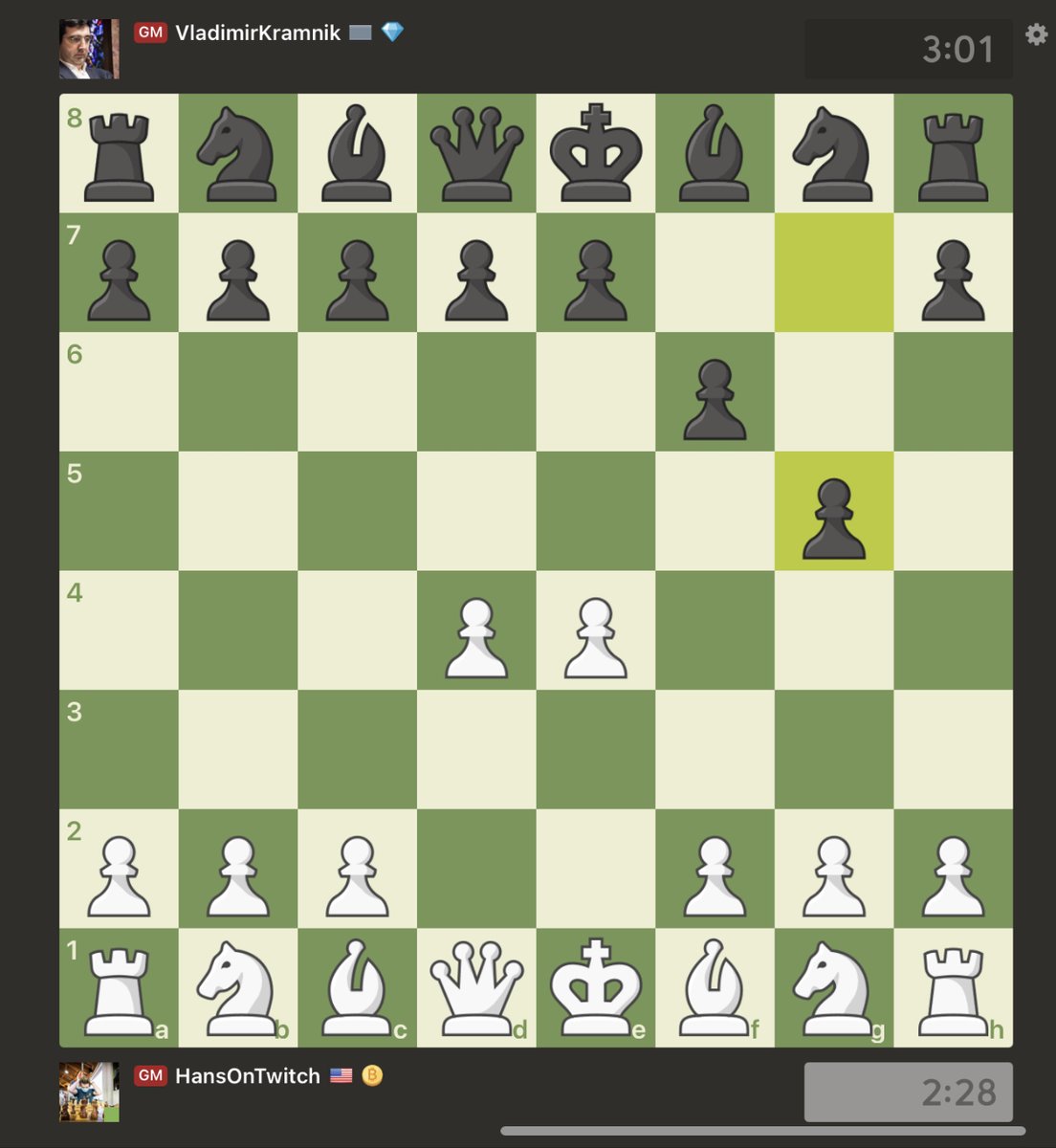 Justice For Hans on X: 🚨After getting outplayed by Hans Niemann, Vladimir  Kramnik takes the infantile decision to offend Hans with a Fool's Mate.  Just like Magnus, only after losing does he