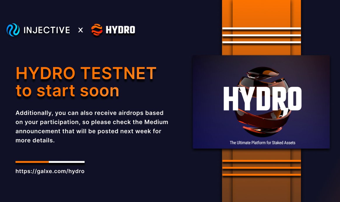 olayoomomota's tweet photo. 🔥heyo great news from @hydro_fi 

🚨The #HydroTestnet is scheduled to start soon.
The purpose of this testnet is to educate the
@Injective_ communities on how to use it comfortably.

#inj #injective $inj #Hydro #Airdrop https://t.co/FkSgxOGaeA