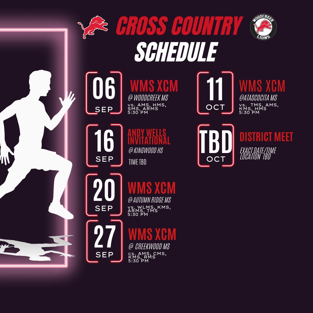 Woodcreek Middle School Cross Country Schedule.  Support our runners all season long!